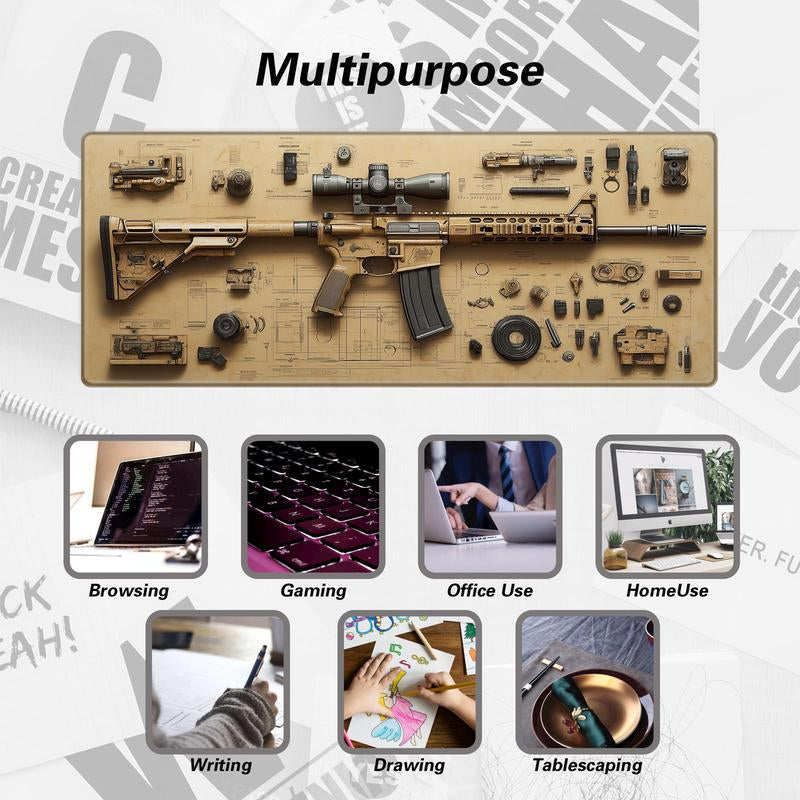 BHJLAXR Creative Gun Blueprint Design Mouse Pad, Anti-Slip Rubber Base Gaming Mouse Pad, Large Desk Keyboard Mouse Mat for Office & Home, Universal Mouse Pad