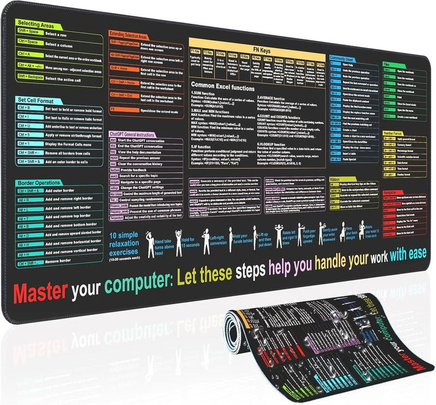 Portable Shortcut Cheat Sheet Desk Mat Waterproof Non-Slip Stitched Edge Mouse Pad for Excel Word Powerpoint Office Gaming Users Durable Practical Design Sticker
