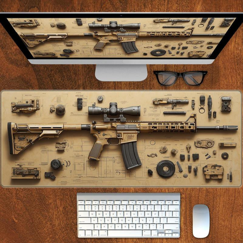 BHJLAXR Creative Gun Blueprint Design Mouse Pad, Anti-Slip Rubber Base Gaming Mouse Pad, Large Desk Keyboard Mouse Mat for Office & Home, Universal Mouse Pad