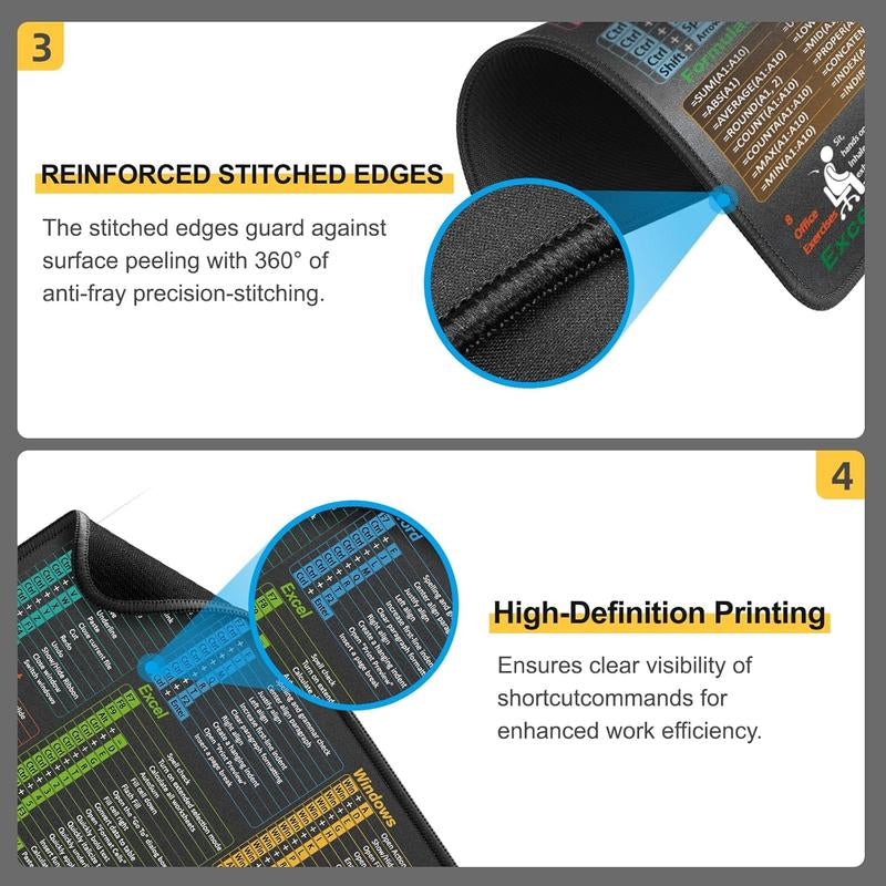 Portable Shortcut Cheat Sheet Desk Mat Waterproof Non-Slip Stitched Edge Mouse Pad for Excel Word Powerpoint Office Gaming Users Durable Practical Design Sticker